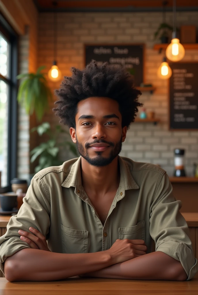 Somali boy age 25 wearing shirt sitting in the coffee shop have curly hair 