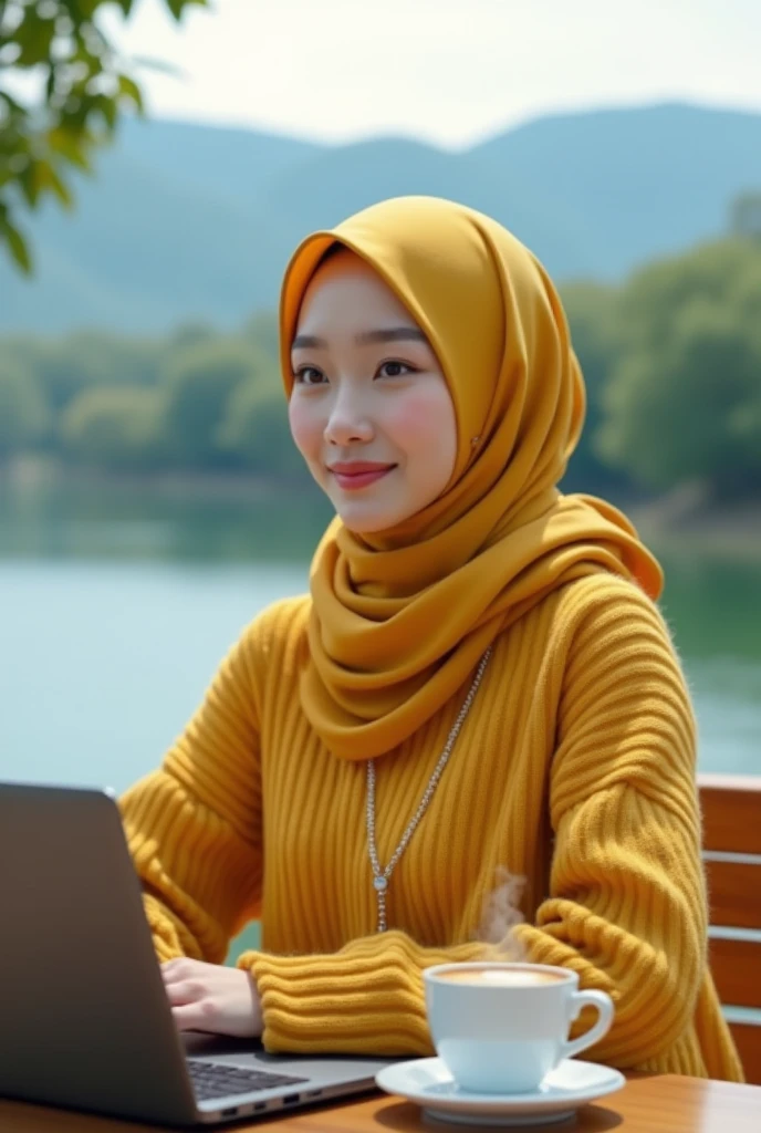 Beautiful Korean girl with white skin. Well-groomed face, gold yellow hijab, gold yellow knit hoodie, white and red polka dot decoration, gold yellow cargo pants, sitting in a cafe enjoying hot coffee, in front of the table there is a laptop iPhone hot coffee, by the lake in the cafe, with a background wide lake, with trees, mountains, original photos, realistic
