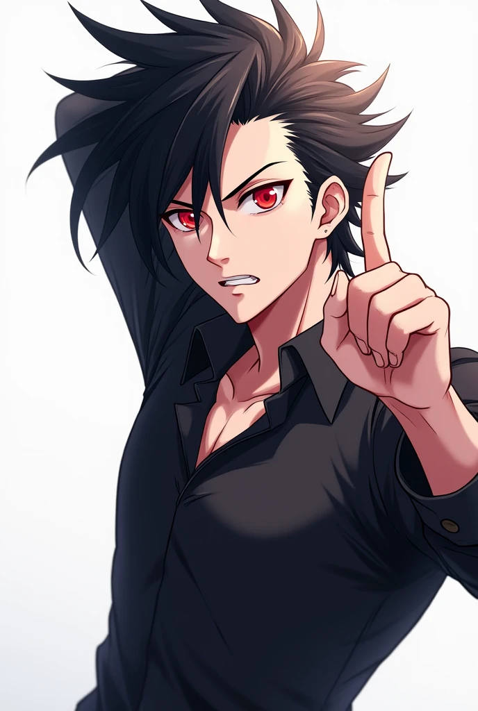 Black haired man Modern mullet hairstyle,red eyes,white background,drawing,Point your finger at your own head,Make it like an anime