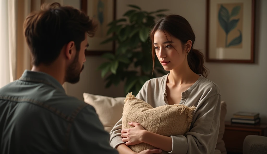 A woman holds a cushion while talking、Talk to a man、