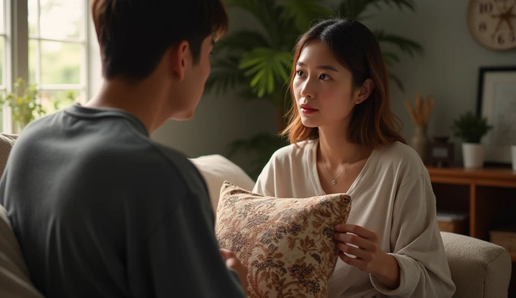 A woman holds a cushion while talking、Talk to a man、