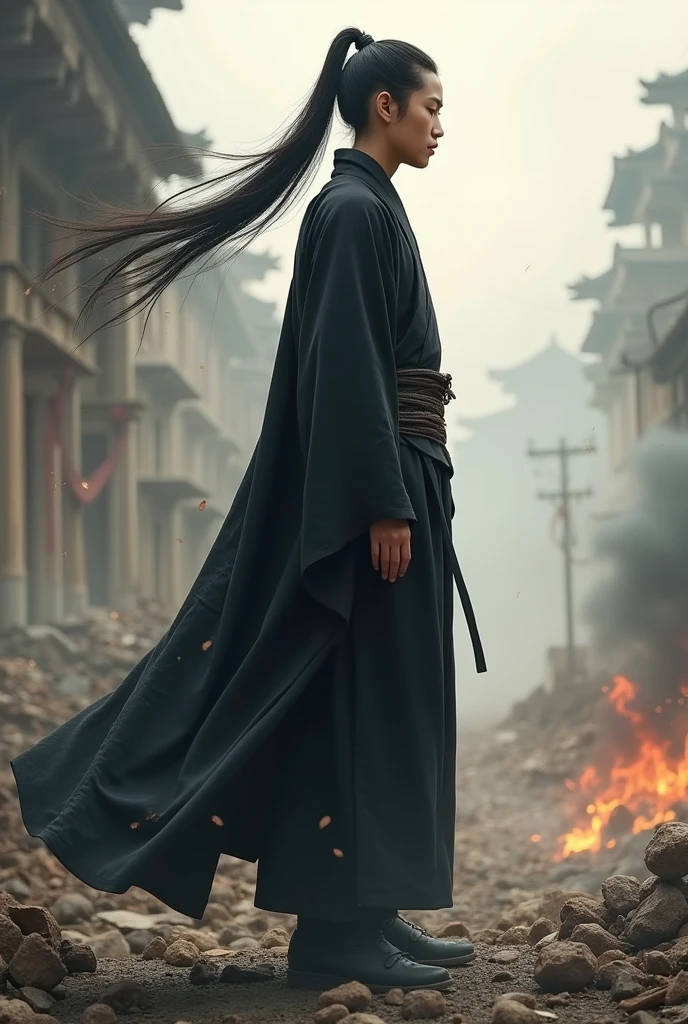A young man with long hair on his back, tied with a tail and practices the path of the Dao in appropriate black clothing, with a background of a war landscape