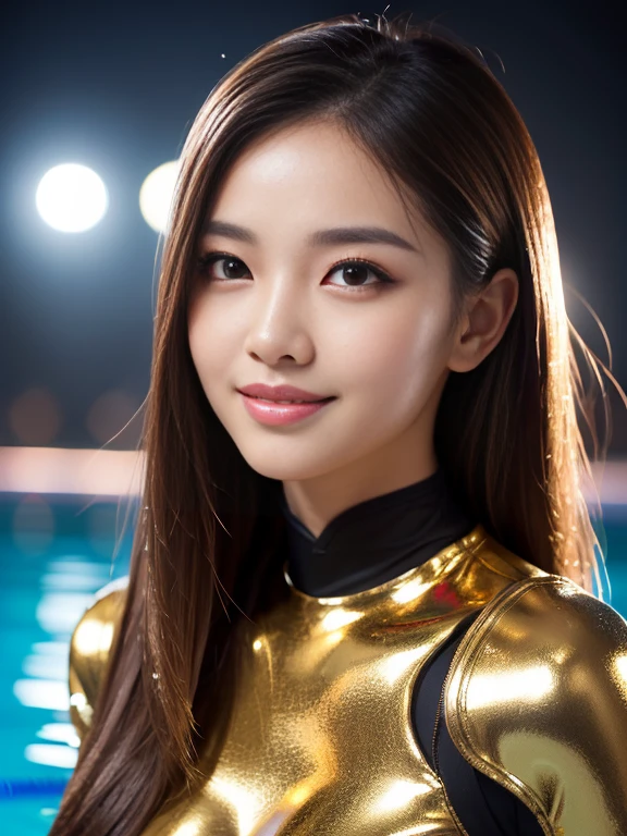 Latex bodysuit、Knee-high boots、Huge 、Long brown hair、Shiny, Oily skin、Glowing Skin、Indoor competition pool、White skin、 Body Portrait, 8k, Narrow and beautiful eyes, Dindal effect, masterpiece, 最high quality, high quality, High resolution, Very detailed photos, (Natural skin texture, Fine skin, Hyperrealism, Ultra Sharpness) , Skin with attention to detail, (Very fine, Fine skin texture, Intricate details, Beautiful Face, (A vivid face), Realistic eyes, Beautiful and detailed, Realistic Skin, Beautiful Skin, surreal, Very detailed, Golden Ratio, Smiling Eyes, ((Night moonlight background)), Body Portrait, glamorous, Shiny Bodysuit