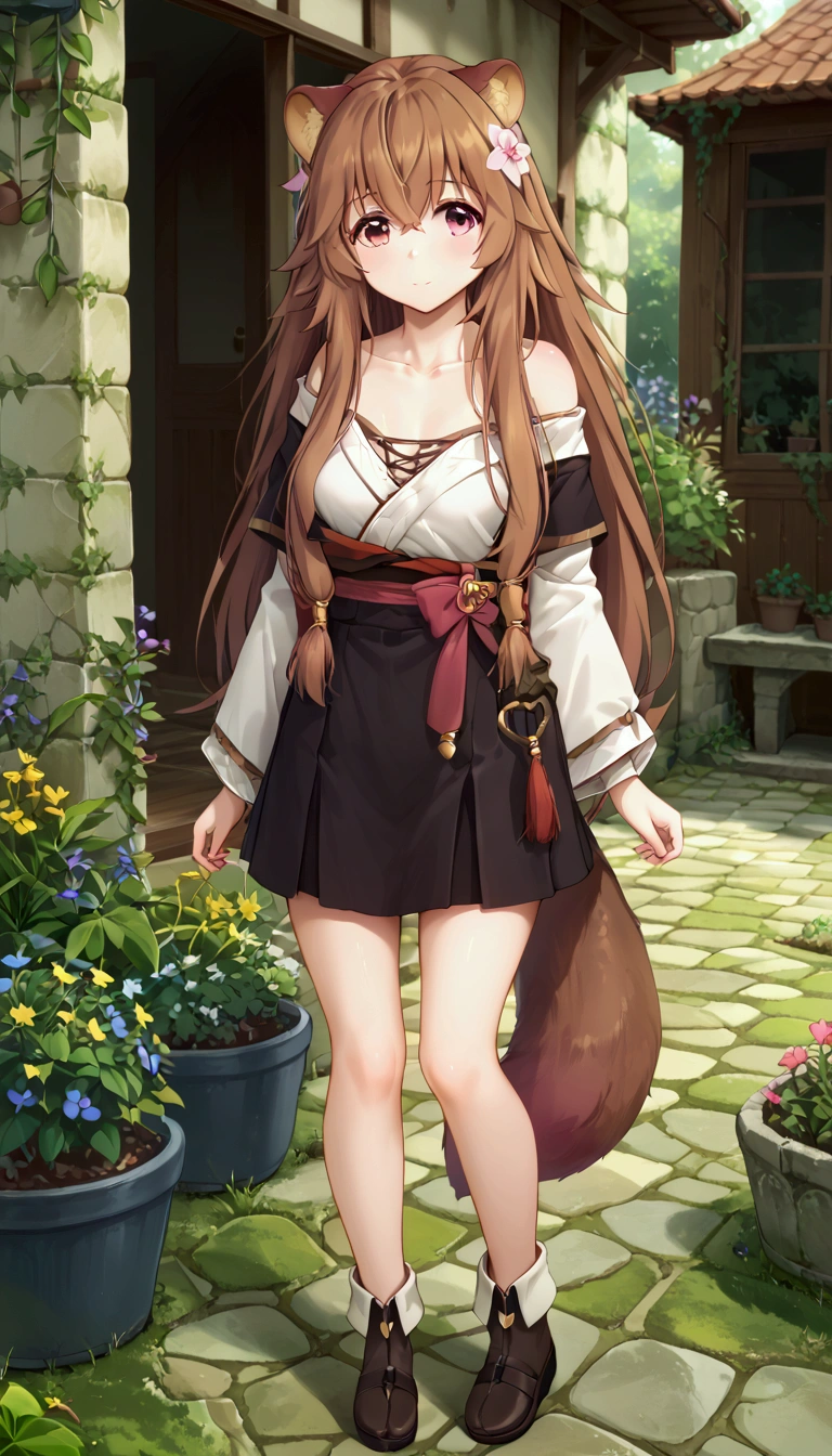  score_9,score_8,  (((perfect face))), (medium breasts), full body view, {looking at viewer},(brown hair), (bangs), (long hair), (animal ears), (raccoon ears), (raccoon girl), (raccoon tail), 1girl, raphtalia, (pink eyes), (detailed eyes), (perfect Eyes), garden, outdoors, BotanNewYears, hair flower, white kimono, off-shoulder, fur-trim, black hakama, short skirt