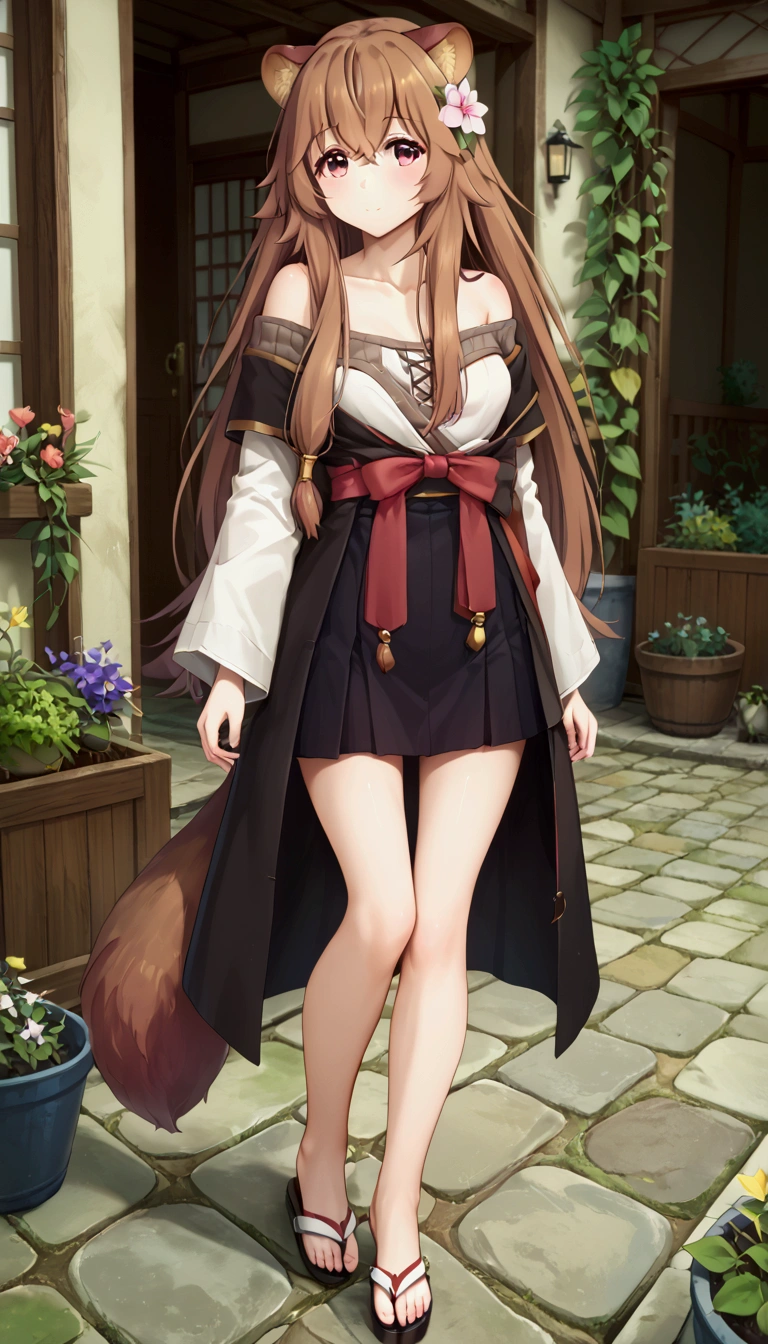  score_9,score_8,  (((perfect face))), (medium breasts), full body view, {looking at viewer},(brown hair), (bangs), (long hair), (animal ears), (raccoon ears), (raccoon girl), (raccoon tail), 1girl, raphtalia, (pink eyes), (detailed eyes), (perfect Eyes), garden, outdoors, BotanNewYears, hair flower, white kimono, off-shoulder, fur-trim, black hakama, short skirt