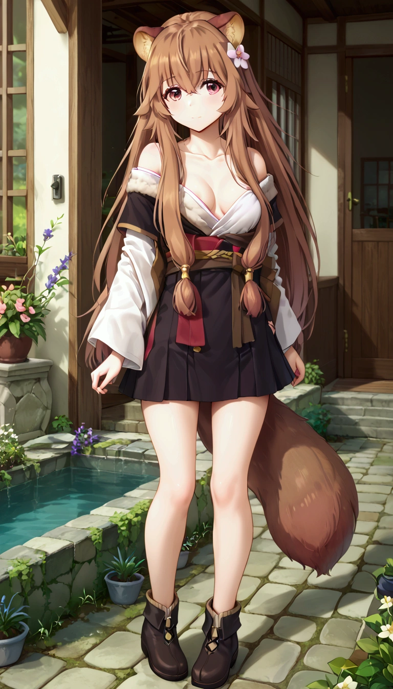 score_9,score_8, (((perfect face))), (medium breasts), full body view, {looking at viewer},(brown hair), (bangs), (long hair), (animal ears), (raccoon ears), (raccoon girl), (raccoon tail), 1girl, raphtalia, (pink eyes), (detailed eyes), (perfect Eyes), garden, outdoors, BotanNewYears, hair flower, white kimono, off-shoulder, fur-trim, black hakama, short skirt