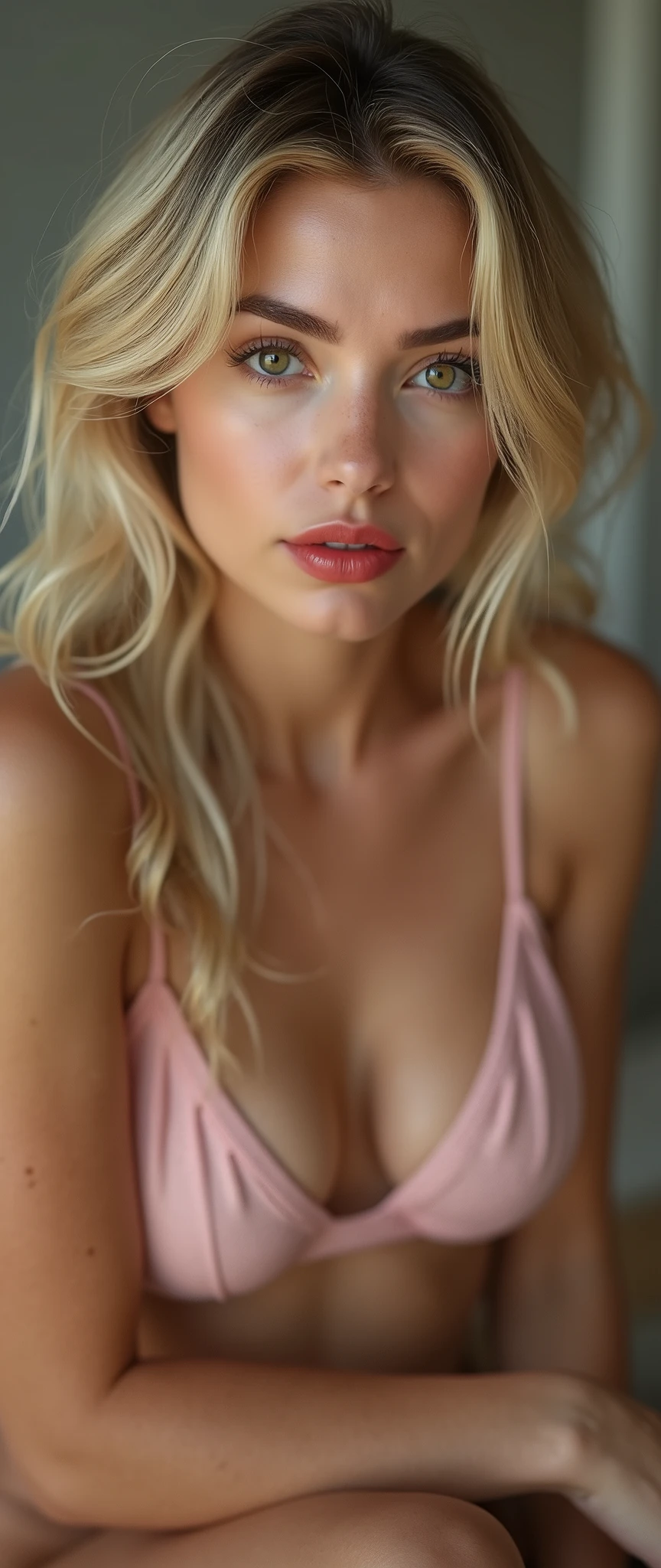 Girl Pure, open vaginas, fair skin, red lipstick, moisture on body, oily skin, shinee skin, swet on body, blond hair, brown eyes, small breast, leather drees