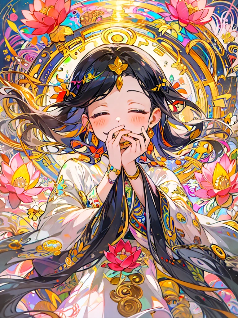 Amitabha、Extremely colorful 、Paradise、love、mercy、Halo、Smile、Lotus flower、Nirvana、masterpiece, High resolution, Highest quality, Golden phase、Spiral phase、Black Hair