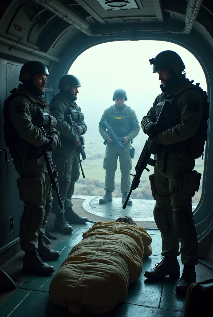 **Image description:**

Inside the helicopter, a panoramic view reveals two scientists, tense and concentrated, next to two soldiers in tactical clothing, helmets and masks. With weapons ready in their hands, soldiers keep watch as the body of a comrade, wrapped in a black bag, rests on the cabin floor, shading the environment with an atmosphere of tension and loss.