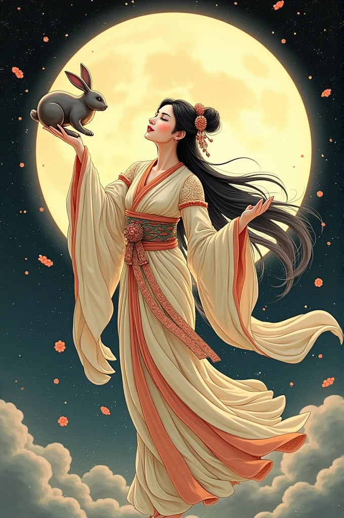 ((best quality)), Moon goddess Chang&#39;e with her rabbit and a moon behind her and in ancient Japanese style and levitating as if she wanted to reach the moon, One of her hands is raised towards the moon and the other is holding her rabbit.