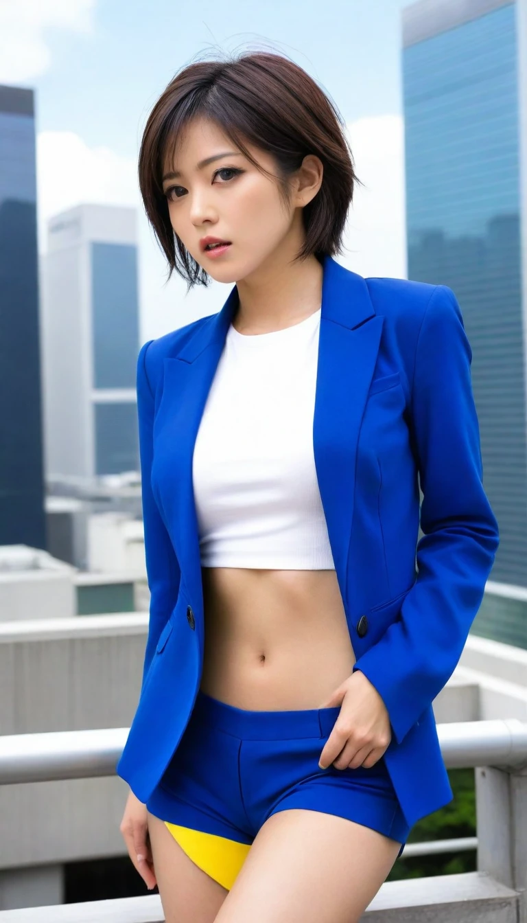 8k, Ultra-high resolution, Highest quality, masterpiece, 三分割法によるphotograph,Surreal, photograph, 1 , (:1.3), cute, cute顔, 細部までBeautiful Eyes, 細かくdetailedに,masterpiece,One Girl:1.2,Japanese women,Female announcer,upper body,glaring,Black short hair,messy hair,from below,(White shirt:1.3),Dark blue blazer,Rooftop,white collar,blue sky,Background of skyscrapers,(Beautiful attention to detail),Subtle details, detailedな顔,anger,Attractive eyes,(ポートレートphotograph:1.4),(Photorealistic images:1.4),Fantasy art,(Beautiful Face:1.4),美しくAttractive eyes、Beautiful Eyes,Silver residue,(Tight waist:1.4)、(Beautiful with perfect body proportions:1.4),Pink Lips,profile,(((Ideal body type))),A-cup small breasts :2,、Portraiture:2、Perfect Anatomy、鮮明なdetailed、detailed,Fashion magazine cover,Thin lips,完璧でBeautiful Face ,完璧でcute顔, Skin with attention to detail, Perfect limbs、Narrow waist,Surreal,Light and shadow,sunlight