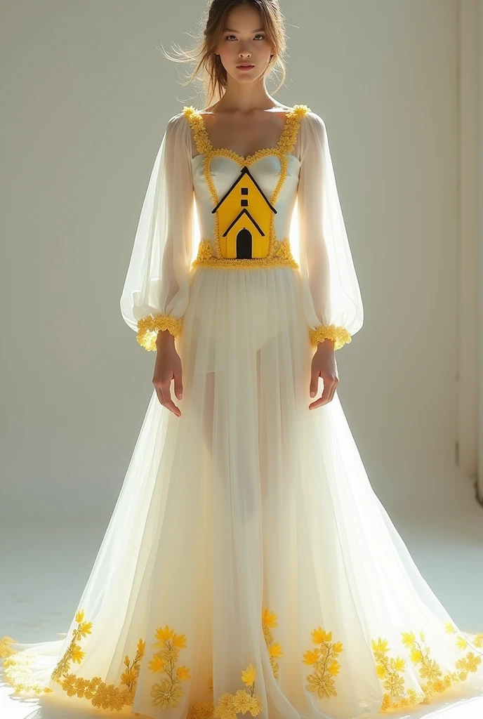 Generate a wedding dress with the following characteristics:
Flight at the height of the foot White main color Color for the yellow handmade details A yellow church painted in the middle of the skirt of the dress on the front The part of the long-sleeved blouse in white with yellow handmade details Put more yellow details on the bottom