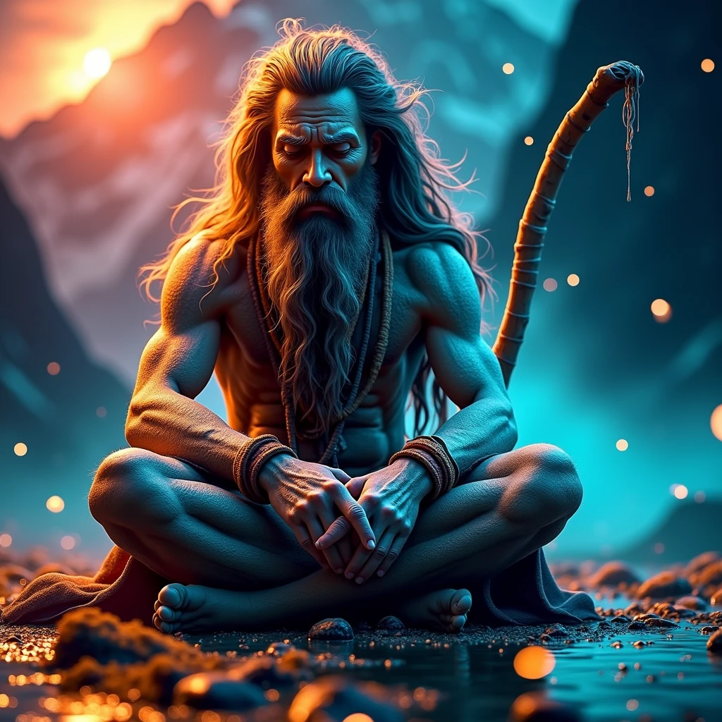 cinematic animated character art, shillouete of an indian naga sadhu meditating in Himalayas, strong jawline, body covered in ash, long hair locks, long beard and moustache, long hair, holding a stick, moon lighting, night, glowing fireflies in atmosphere, darkness in atmosphere, colour graded, vibrant, 4khd