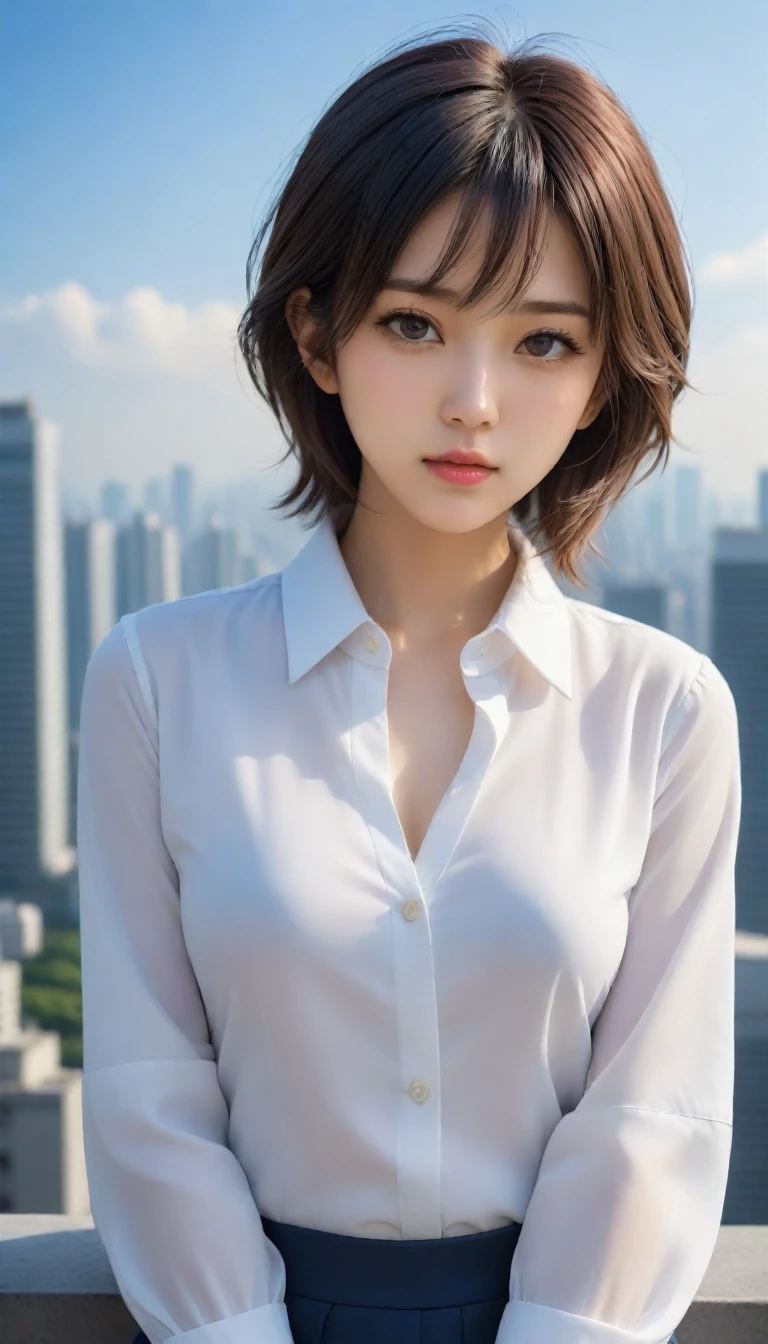 8k, Ultra-high resolution, Highest quality, masterpiece, 三分割法によるphotograph,Surreal, photograph, 1 , (:1.3), cute, cute顔, 細部までBeautiful Eyes, 細かくdetailedに,masterpiece,One Girl:1.2,Japanese women,Female announcer,upper body,glaring,Black short hair,messy hair,from below,(White shirt:1.3),Dark blue blazer,Rooftop,white collar,blue sky,Background of skyscrapers,(Beautiful attention to detail),Subtle details, detailedな顔,anger,Attractive eyes,(ポートレートphotograph:1.4),(Photorealistic images:1.4),Fantasy art,(Beautiful Face:1.4),美しくAttractive eyes、Beautiful Eyes,Silver residue,(Tight waist:1.4)、(Beautiful with perfect body proportions:1.4),Pink Lips,profile,(((Ideal body type))),A-cup small breasts :2,、Portraiture:2、Perfect Anatomy、鮮明なdetailed、detailed,Fashion magazine cover,Thin lips,完璧でBeautiful Face ,完璧でcute顔, Skin with attention to detail, Perfect limbs、Narrow waist,Surreal,Light and shadow,sunlight