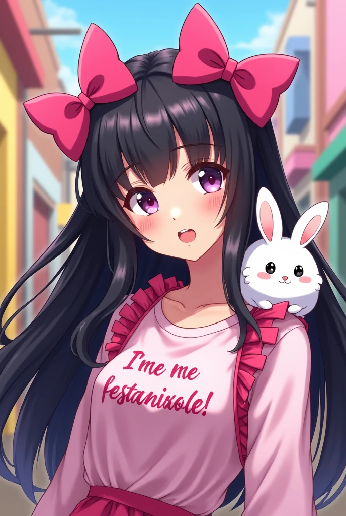 anime with long black hair, with 2 pink bows on the head, pink details, with a fluffy white rabbit on his shoulder, written on the shirt in Brazilian Portuguese I am the best, and below I am the best, write manulinda