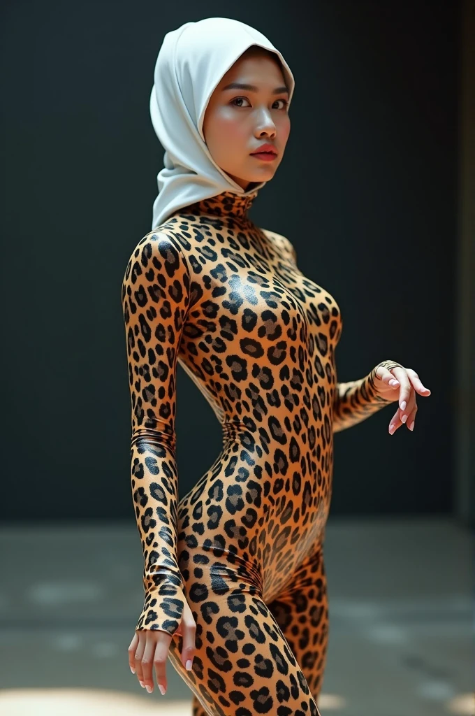 The beautiful Chinese flexible adult girl with beautiful cheeks wears leopard print full lycra dancewear turtleneck unitard catsuit.She wears white leopard print lycra elastane dancewear hijab-like zentai hood.She is happy to perform contortion performance.