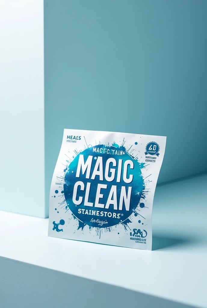 Create an image of a product called Magic clean. It is a product that promises to remove stains from fabric. The product itself looks like a sticker.


