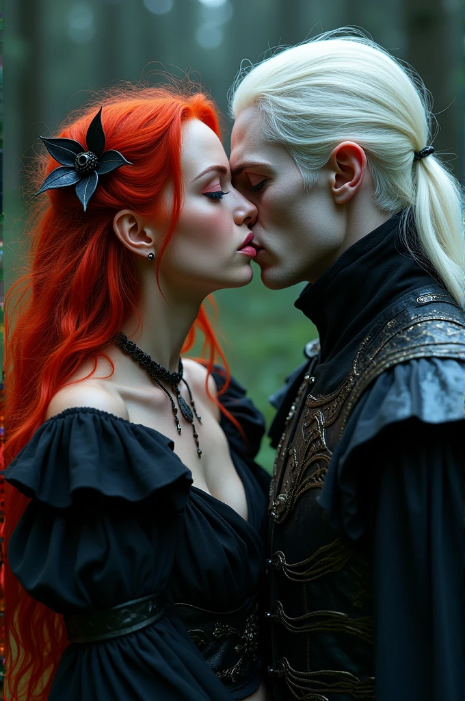 beautiful little witch , red hair , blue eyes , kissing a vampire , white hair , red eyes , wearing black armor , vivid colors 4k