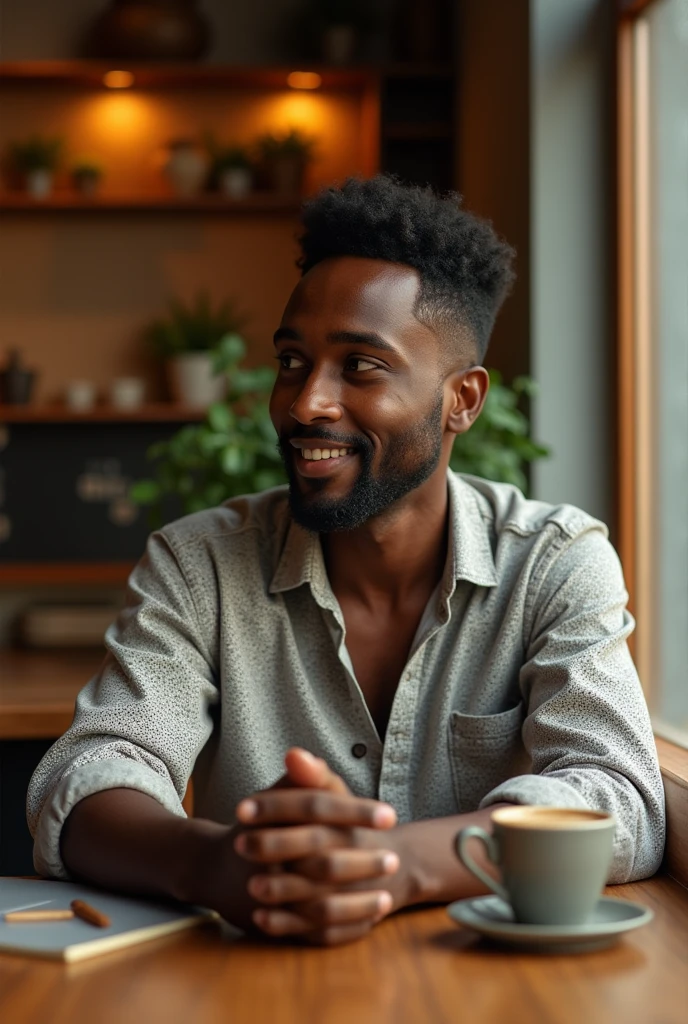 Somali boy age 25 wearing shirt sitting in the coffee shop