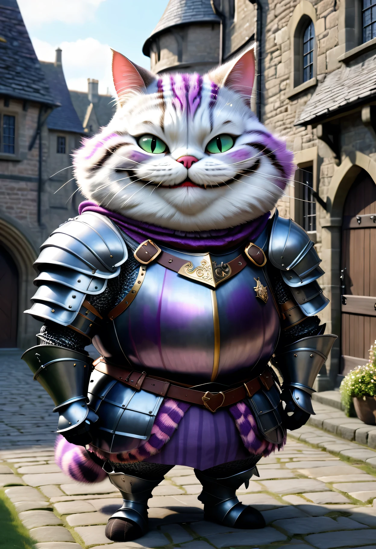 photorealistic portrait of Dressed animals - a ((fat)) Cheshire cat knight,(hands on hips:1.5 ),(furry), high quality,(lovely) ,intricate details, highly detailed ((knight armor)), , highly detailed knight equipment , (happy), natural lighting,(full body image:2.0),(stone buildings background),score_9, score_8_up, score_7_up, score_6_up, score_5_up, score_4_up,