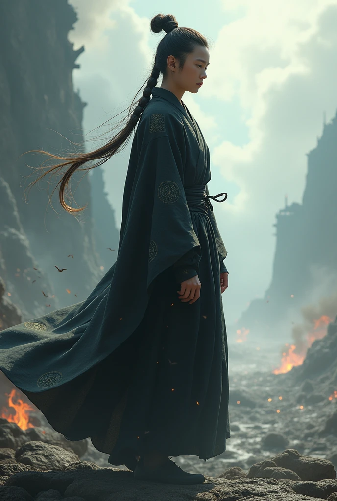 A young man with long hair on his back, tied with a tail and practices the path of the Dao in appropriate black clothing, with a background of a war landscape. Make it fantasy 
