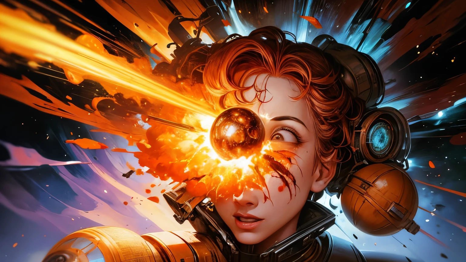 a funny caricature of a person with an exploding head, highly detailed, exaggerated features, humorous expression, explosions of knowledge, surreal, vibrant colors, dynamic composition, digital painting
