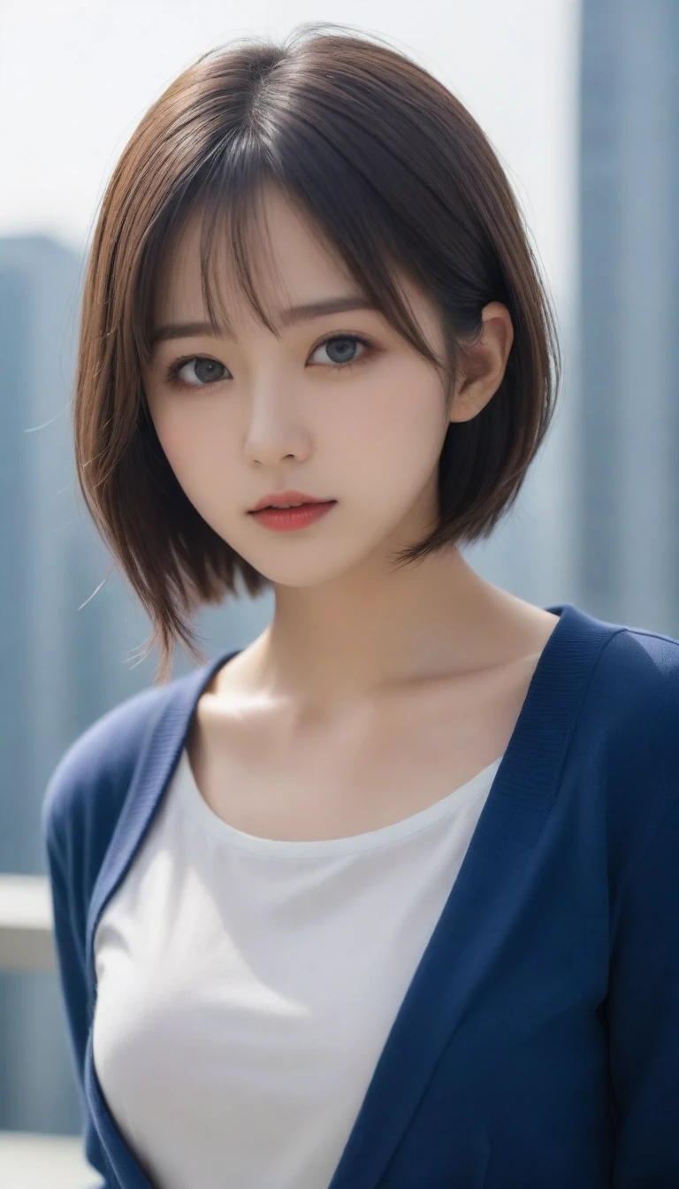 8k, Ultra-high resolution, Highest quality, masterpiece, 三分割法によるphotograph,Surreal, photograph, 1 , (:1.3), cute, cute顔, 細部までBeautiful Eyes, 細かくdetailedに,masterpiece,One Girl:1.2,Japanese women,Female announcer,upper body,glaring,Black short hair,messy hair,from below,(White shirt:1.3),Dark blue blazer,Rooftop,white collar,blue sky,Background of skyscrapers,(Beautiful attention to detail),Subtle details, detailedな顔,anger,Attractive eyes,(ポートレートphotograph:1.4),(Photorealistic images:1.4),Fantasy art,(Beautiful Face:1.4),美しくAttractive eyes、Beautiful Eyes,Silver residue,(Tight waist:1.4)、(Beautiful with perfect body proportions:1.4),Pink Lips,profile,(((Ideal body type))),A-cup small breasts :2,、Portraiture:2、Perfect ???????、鮮明なdetailed、detailed,Fashion magazine cover,Thin lips,完璧でBeautiful Face ,完璧でcute顔, Skin with attention to detail, Perfect limbs、Narrow waist,Surreal,Light and shadow,sunlight