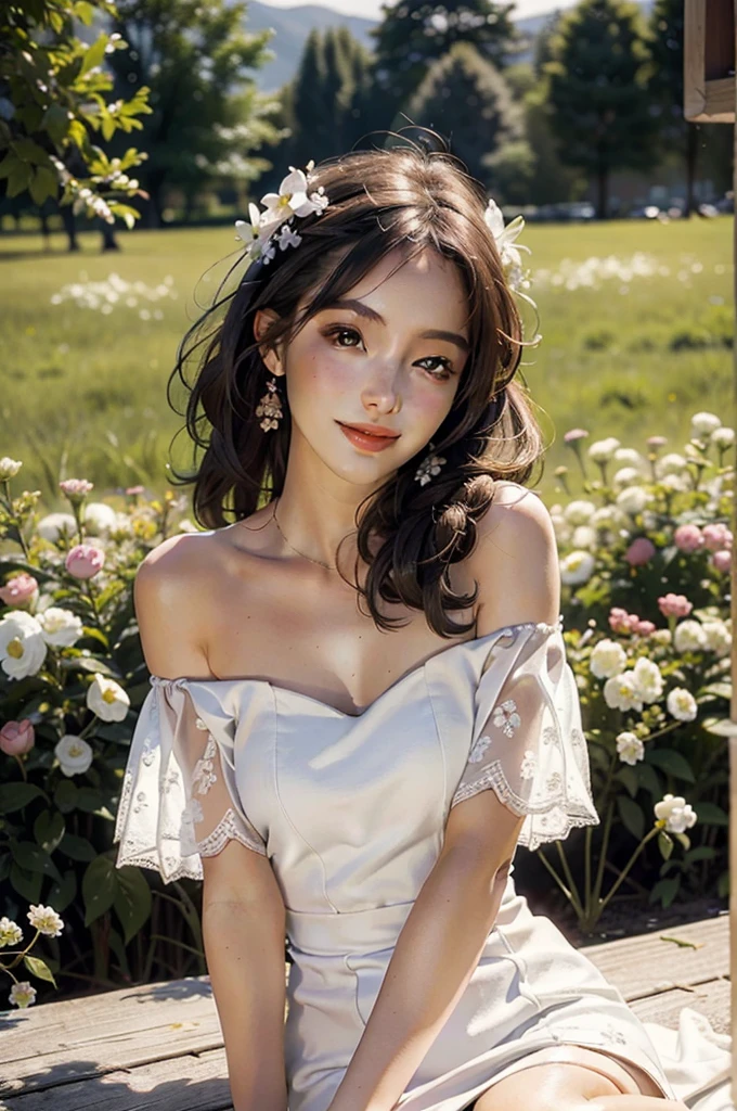 Best quality, masterpiece, ultra high res, (photorealistic:1.4), raw photo, 1girl, white dress, off shoulder, blossom flower field, glowing skin, light smile