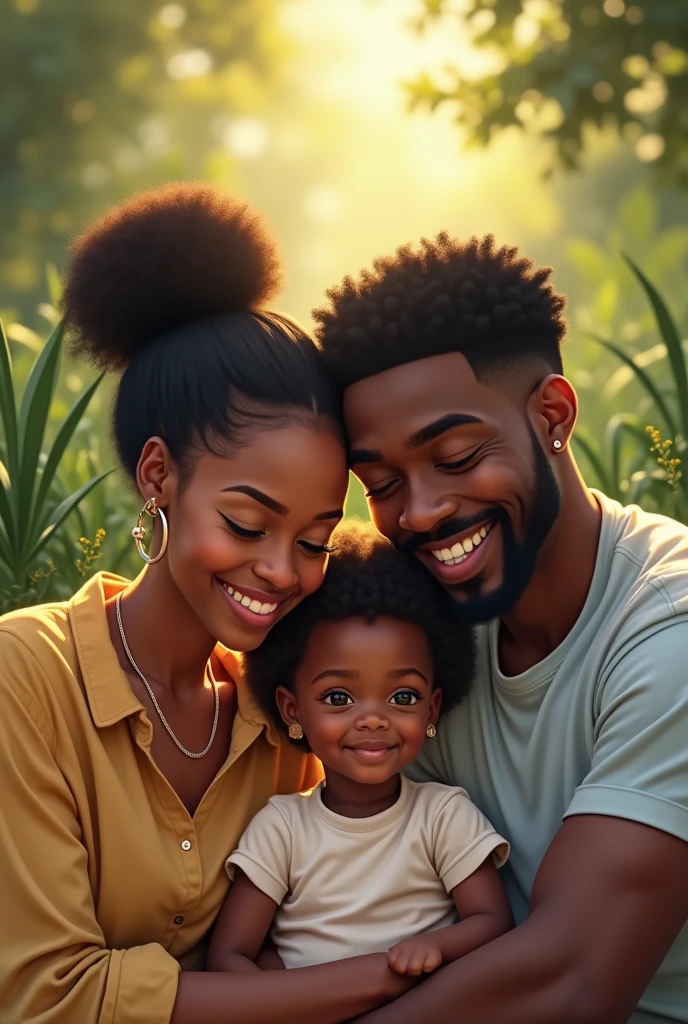 Happy black family with straight hair and bald