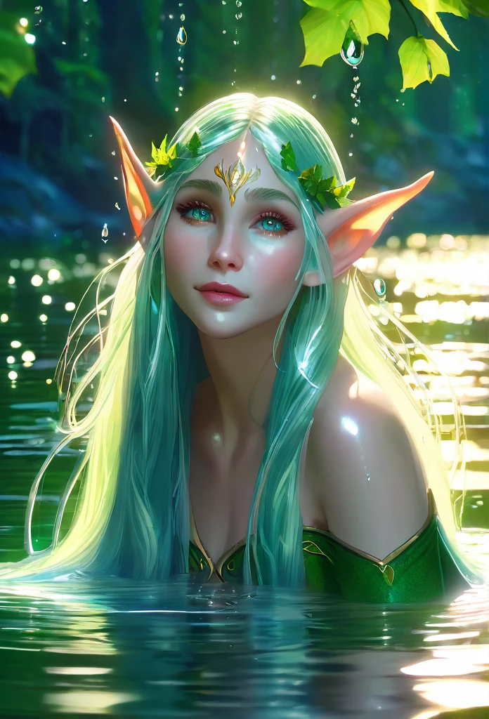 a beautiful elf girl gracefully emerging from a serene lake, detailed facial features, long flowing hair, elegant pose, detailed intricate elf ears, detailed skin texture, light shimmering water droplets, lush green forest background, magical atmosphere, vibrant colors, cinematic lighting, 8k, highres, photorealistic