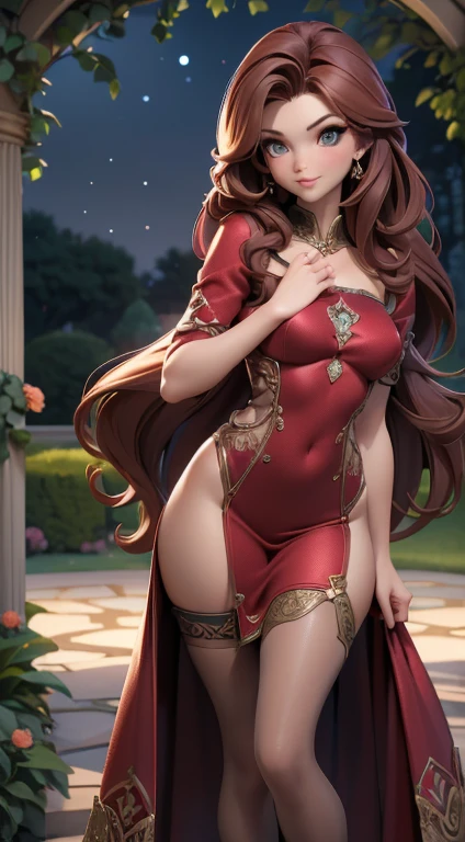 (best quality,4k,8k,highres,masterpiece:1.2),ultra-detailed,(realistic,photorealistic,photo-realistic:1.37),brunette woman,2,thin and small,beautiful detailed eyes,beautiful detailed lips,red hair,elegant long dress in light gray,high stocking,background garden in the night,full body,moonlit garden,portraits,soft lighting