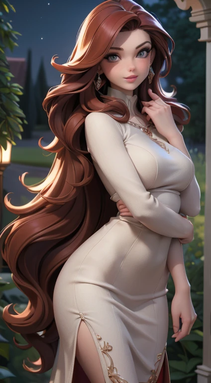 (best quality,4k,8k,highres,masterpiece:1.2),ultra-detailed,(realistic,photorealistic,photo-realistic:1.37),brunette woman,2,thin and small,beautiful detailed eyes,beautiful detailed lips,red hair,elegant long dress in light gray,high stocking,background garden in the night,full body,moonlit garden,portraits,soft lighting