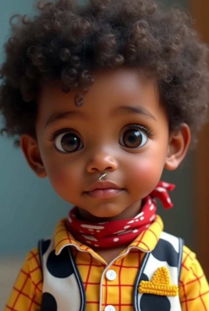 brown child , brown dark eyes, short curly dark brown hair, pierced chin, Woody's dress