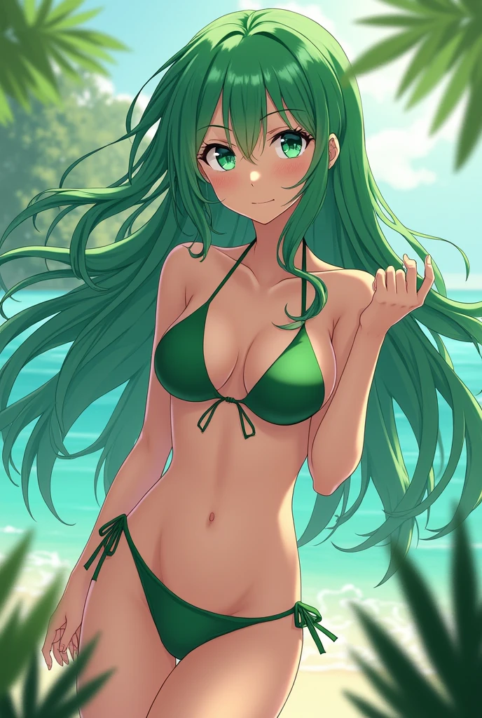 Anime girl grean black hair green  eyes in grean bikini