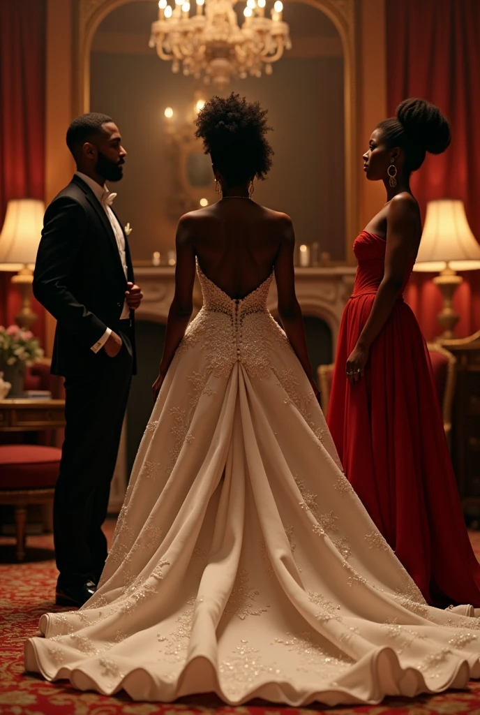 Generate an image of a black beautiful curvy bride walking into her black husband and another black woman in a room at the background being touchy