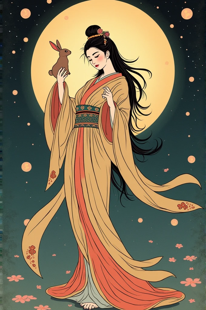 ((best quality)), Moon goddess Chang'e with her rabbit and a moon behind her and in ancient Japanese style and levitating as if she wanted to reach the moon, One of her hands is raised towards the moon and the other is holding her rabbit., It has to look old