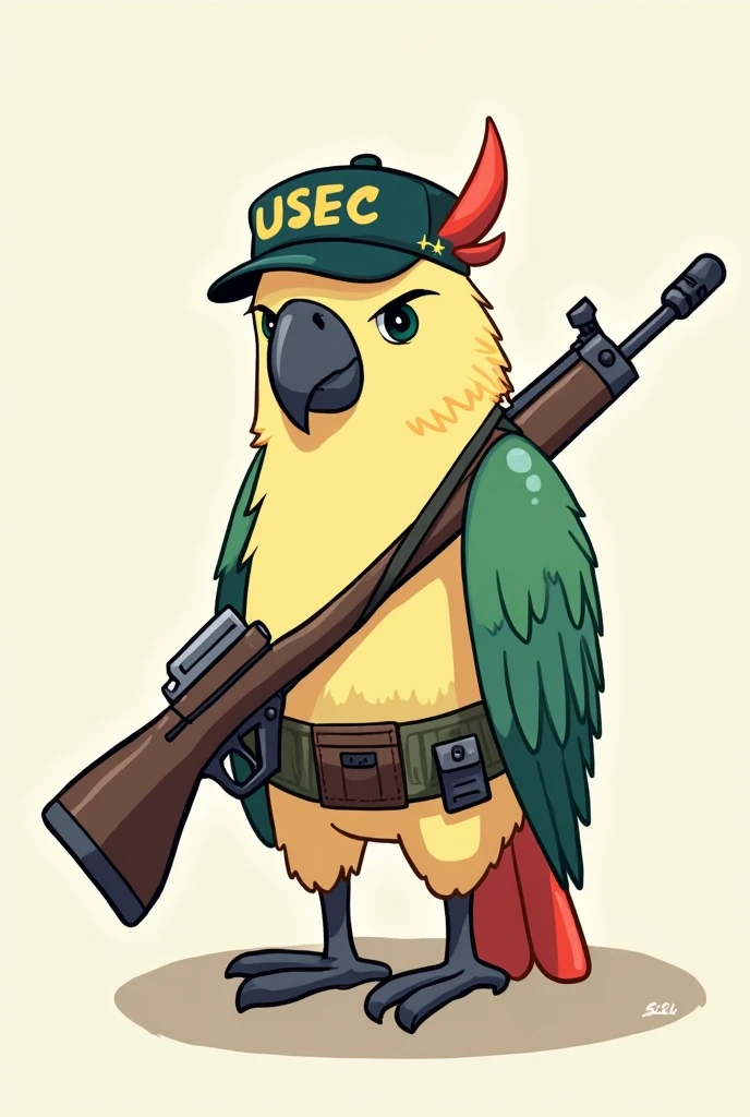 simple drawing, basic and colorful,  no shadows or reflections, few colors. Cockatoo without reaction or emotion, with a serious expression, wearing a USEC cap from the game Escape from Tarkov, with a sniper rifle slung across his back, a holster on the waist with a revolver.