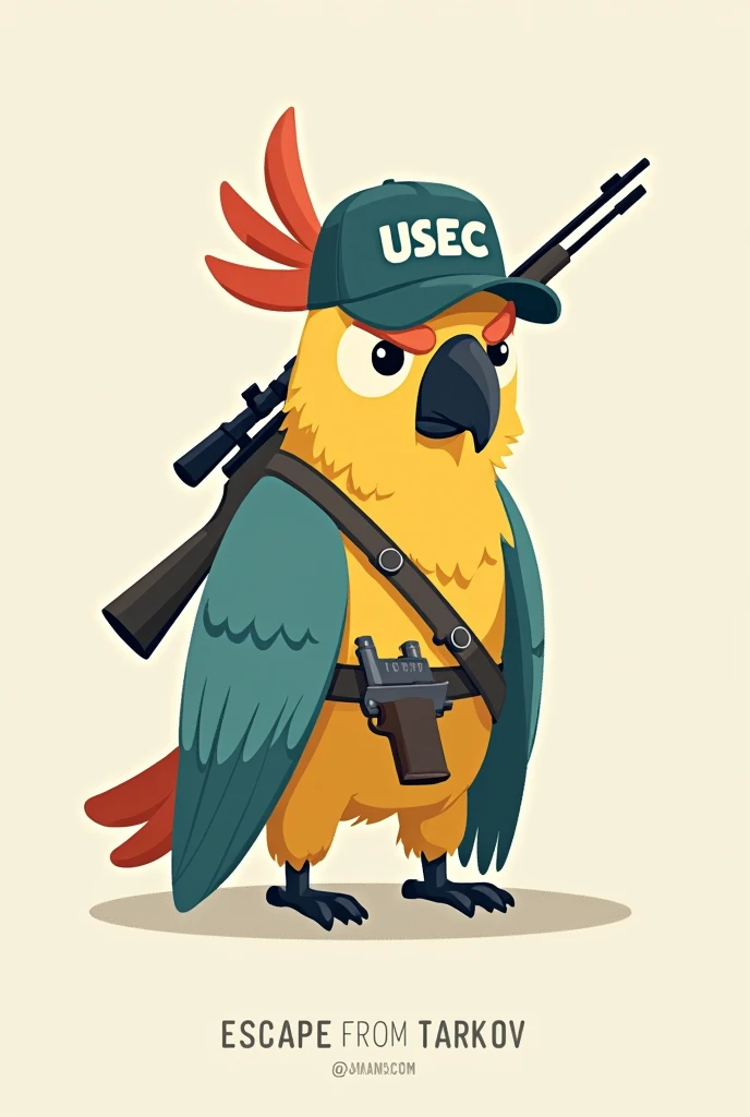 simple drawing, basic and colorful,  no shadows or reflections, few colors. Cockatoo without reaction or emotion, with a serious expression, wearing a USEC cap from the game Escape from Tarkov, with a sniper rifle slung across his back, a holster on the waist with a revolver.