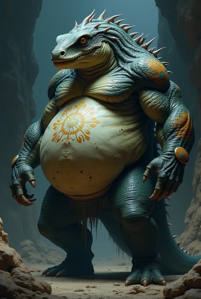 A lizard man with a full belly, muscular, vore, print on the belly, very large bulge, illustration, (best quality, 4K, high resolution, artwork:1.2), Ultra-detailed, realistic, Horror, sharp focus, vivid colors , night lighting, burping an object, motion lines, futuristic armor