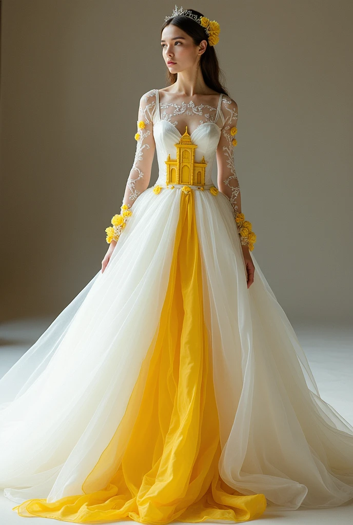 Generate a wedding dress with the following characteristics:
Flight at the height of the foot White main color Color for the yellow handcrafted details A yellow church painted in the middle of the skirt of the dress on the front The part of the long-sleeved blouse in white with yellow handcrafted details Give me another example
