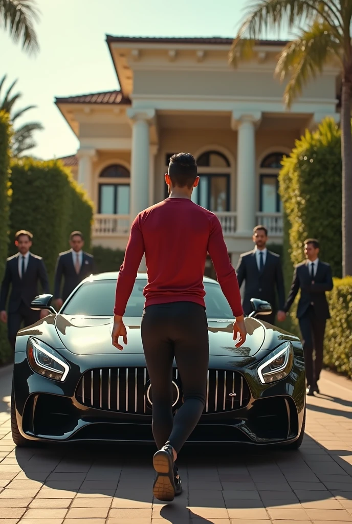 Cristiano Ronaldo qui sort dans un villa de luxe;qui monte dans une voitures de luxe et des gardes du corps qui le suit