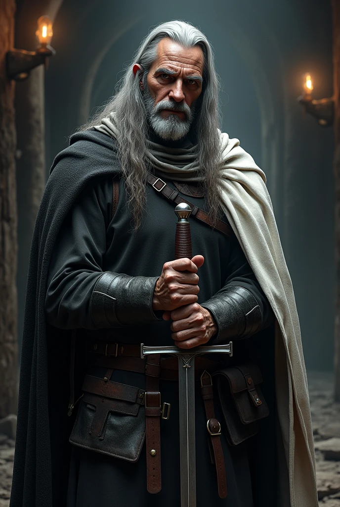man of 40 years old, with long gray hair, with a gray mustache and goatee. Wearing a white and black cloak, holding a rapier. Medieval killer.