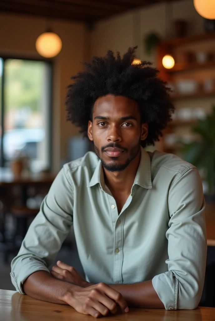 Somali boy age 25 wearing shirt sitting in the coffee shop soft curly hair 