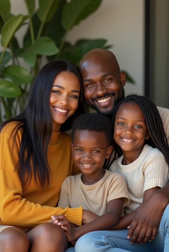 Happy black family with straight hair and realistic bald