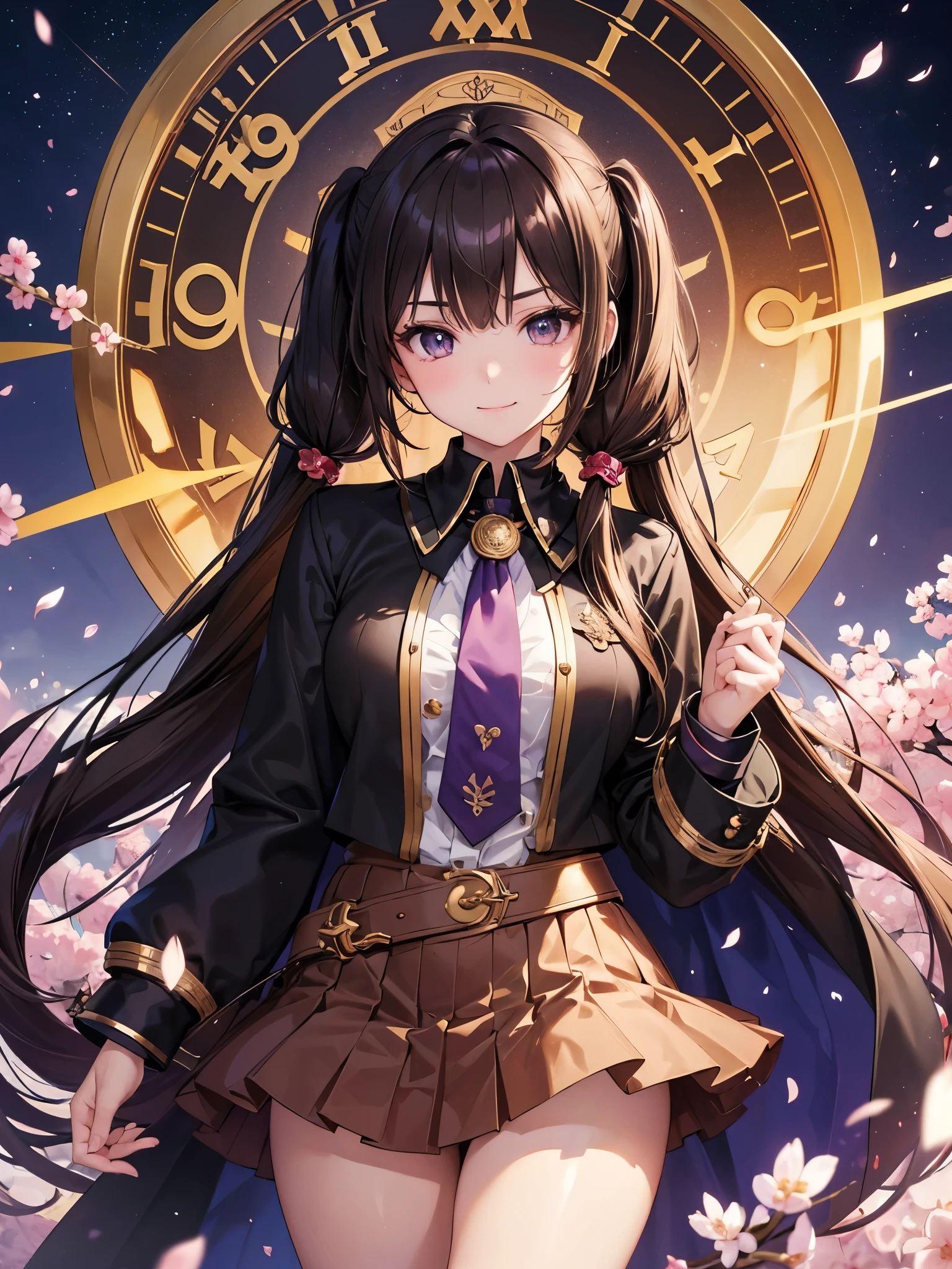 (16K,Ultra-high resolution,Highest quality,masterpiece,Super detailed,Very vivid CG),A beautiful girl with black eyes from the future wearing a black coat,Brown hair twin tails,Superpowers,Anatomically correct body,Perfect Shadow,Highly detailed facial features, Beautiful and perfect face, Perfect Eyes,He takes out a gold pocket watch from his palm.,CG effect of a giant clock in the background,spring evening,Cherry blossoms in full bloom and the full moon,Light only by moonlight,Cherry blossom petals fluttering,Brown Skirt,Purple tie,Smiling at the audience