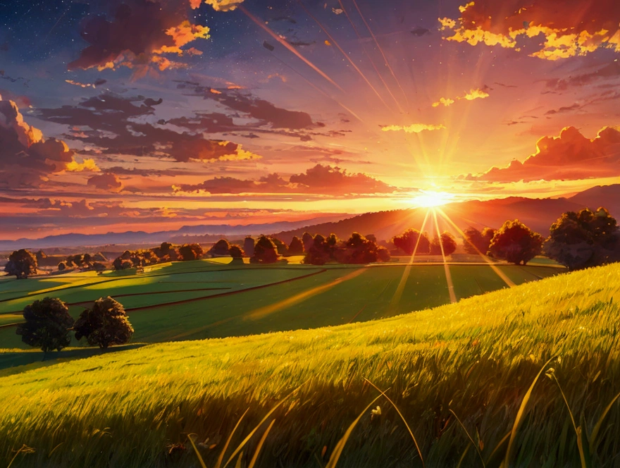 Green fields, Red Sky, sunset, Sun'rays, shooting stars