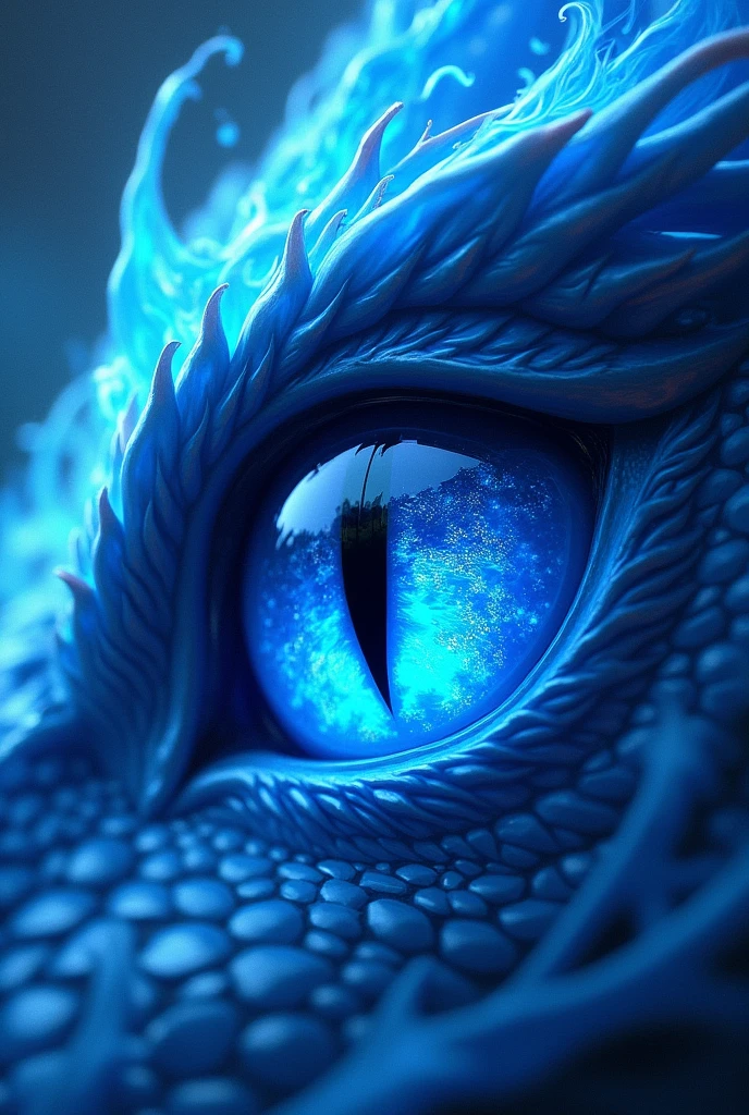 Blue eye on blue fire of a dragon with sharp scales focus on the eye