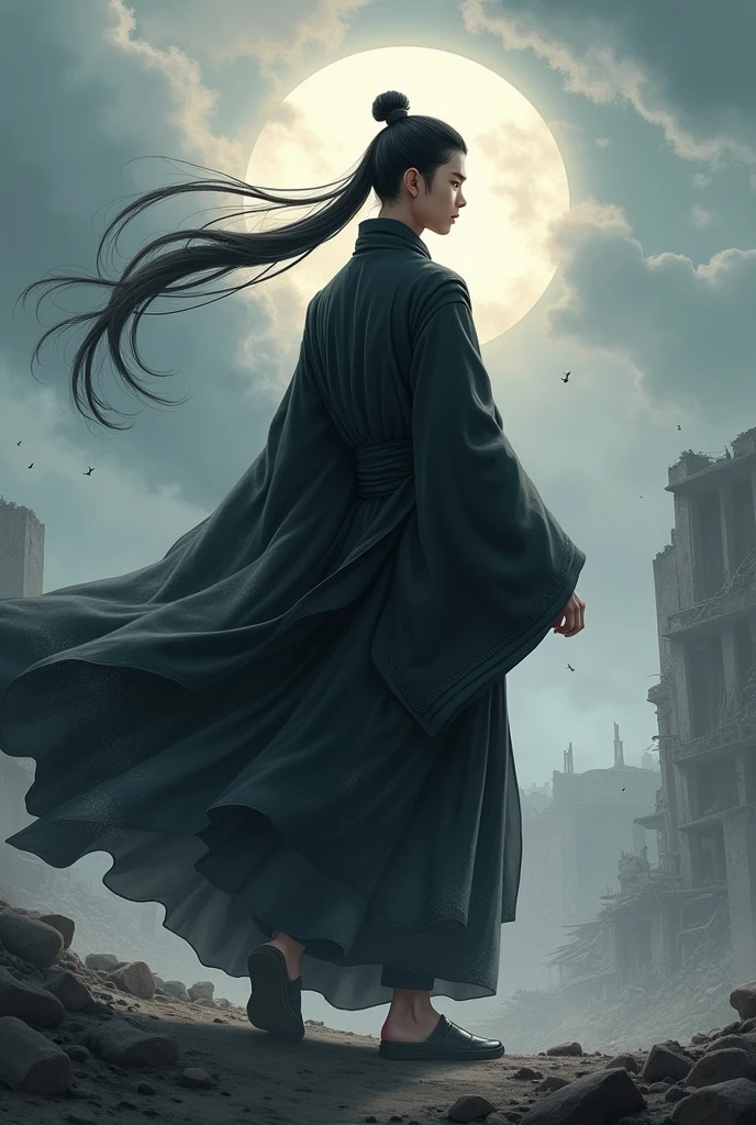 A young man with long hair on his back, tied with a tail and practices the path of the Dao in appropriate black clothing, with a background of a war landscape. make it animated