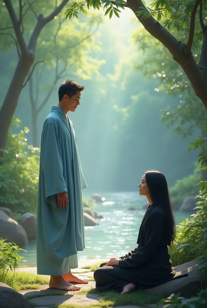 Realistic scene of a single 3 white Caucasian man with short black hair, no Oriental barefoot, standing, wearing a light blue medical or monk-type suit Spiritual, with a relaxed attitude and a slight smile. In a spiritual environment, interacting with a white woman with long black hair, what is medium, wearing black clothes. The man is next to the woman and the woman is sitting.
