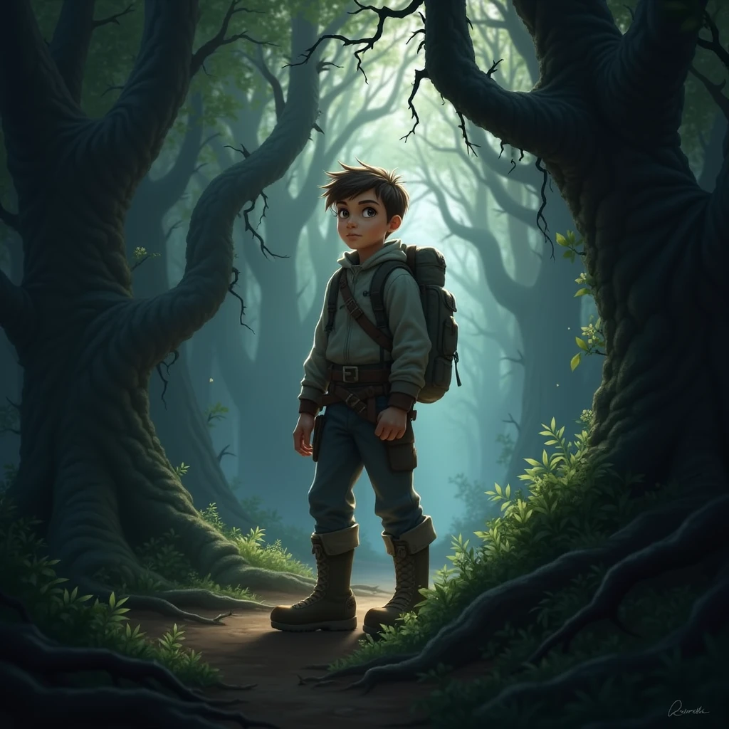 "A young adventurer named Kael stands at the edge of a dark and mysterious forest, his expression determined as he prepares to enter."